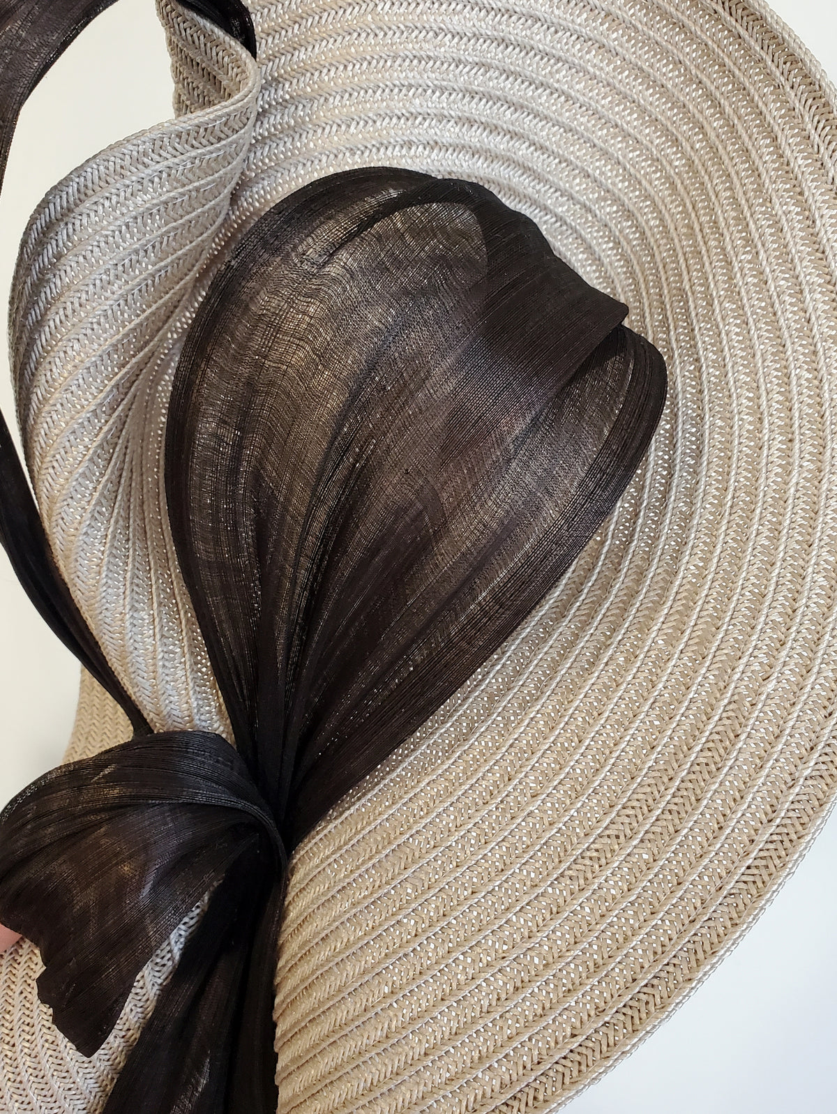 Beige Fascinator Hat with Black Ribbon