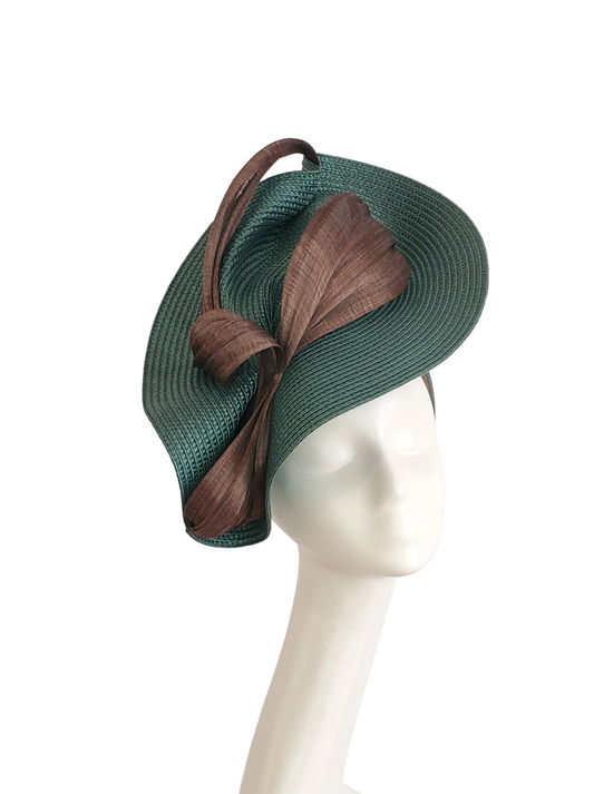Forest Green Fascinator Hat with Chocolate Brown Ribbon
