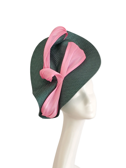 Forest Green Fascinator Hat with Pink Ribbon
