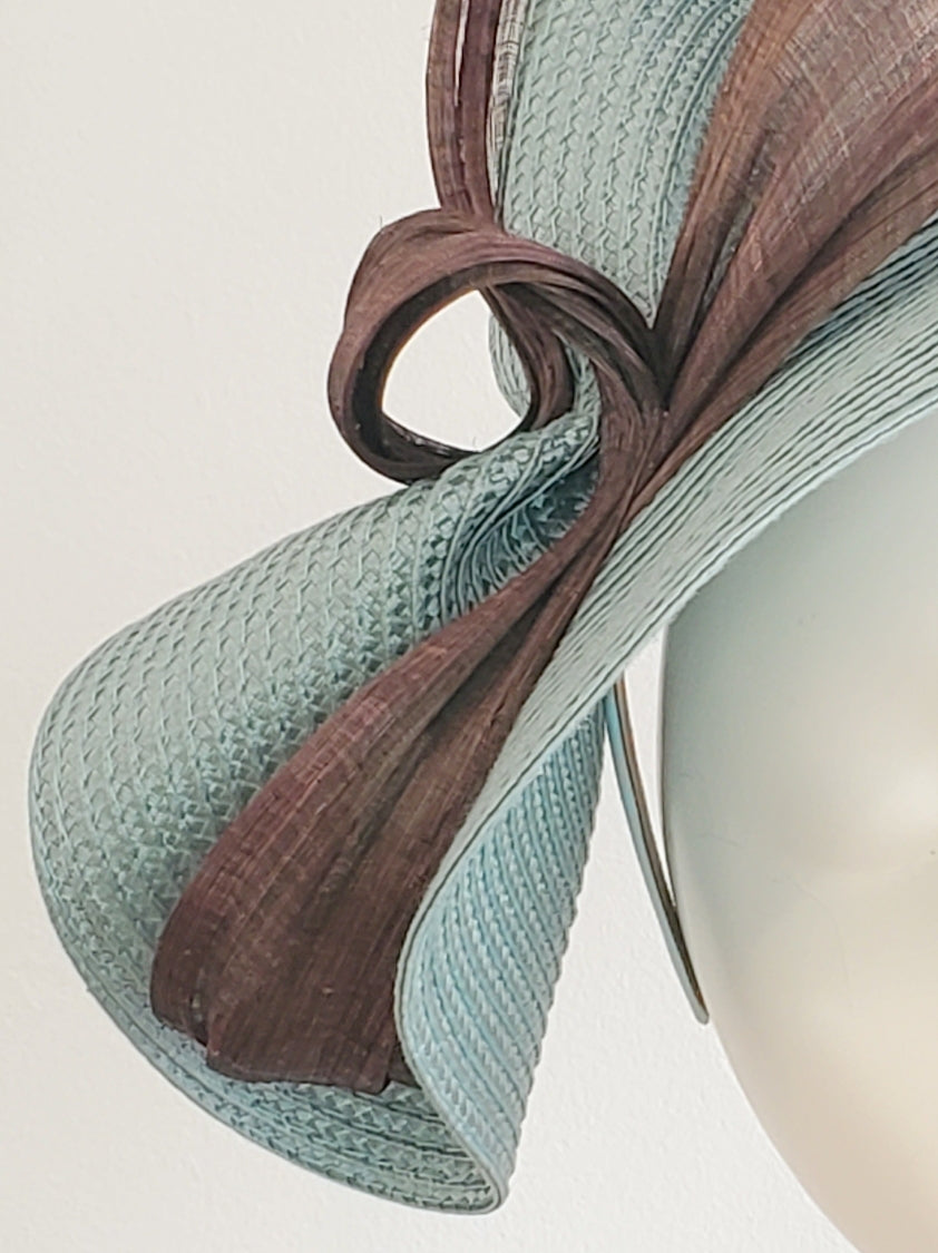 Dusty Blue Fascinator Hat with Brown Ribbon Decoration