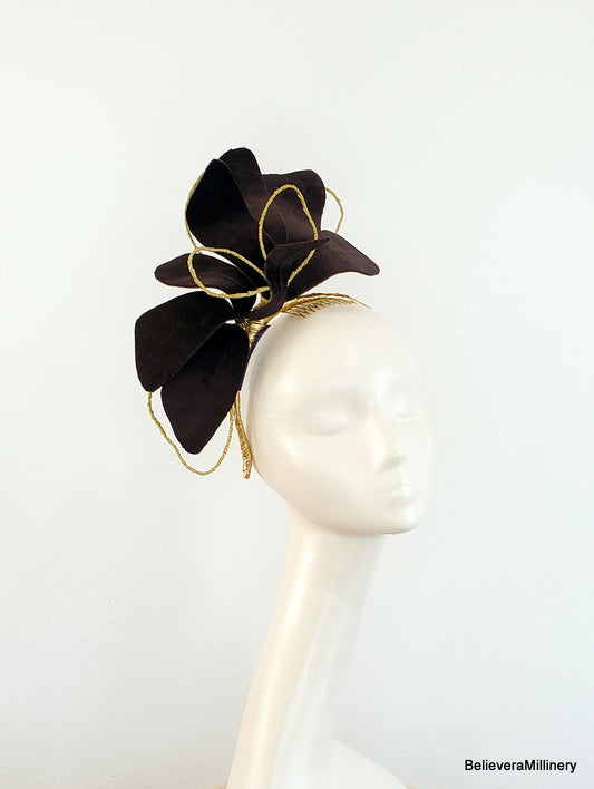Brown Velvet Flower Fascinator Headband with Gold Accents