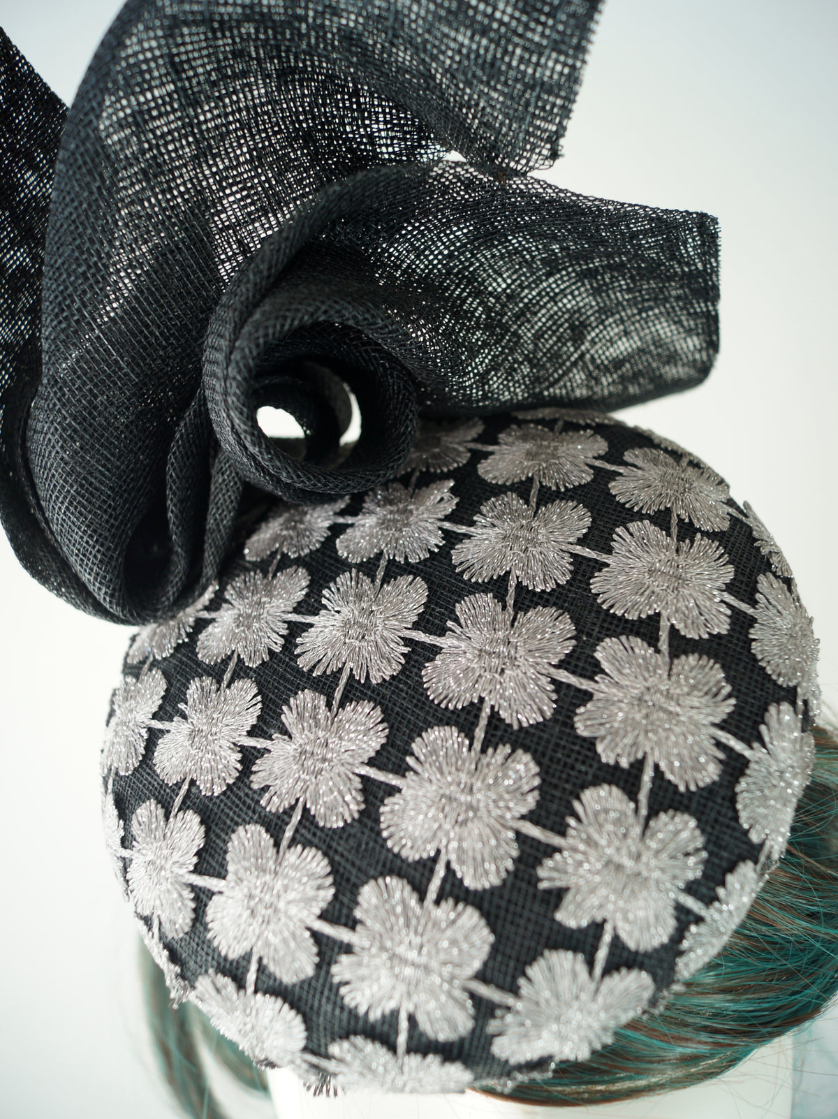 Black Silver Lace Hat: Sinamay Wedding Guest Headpiece