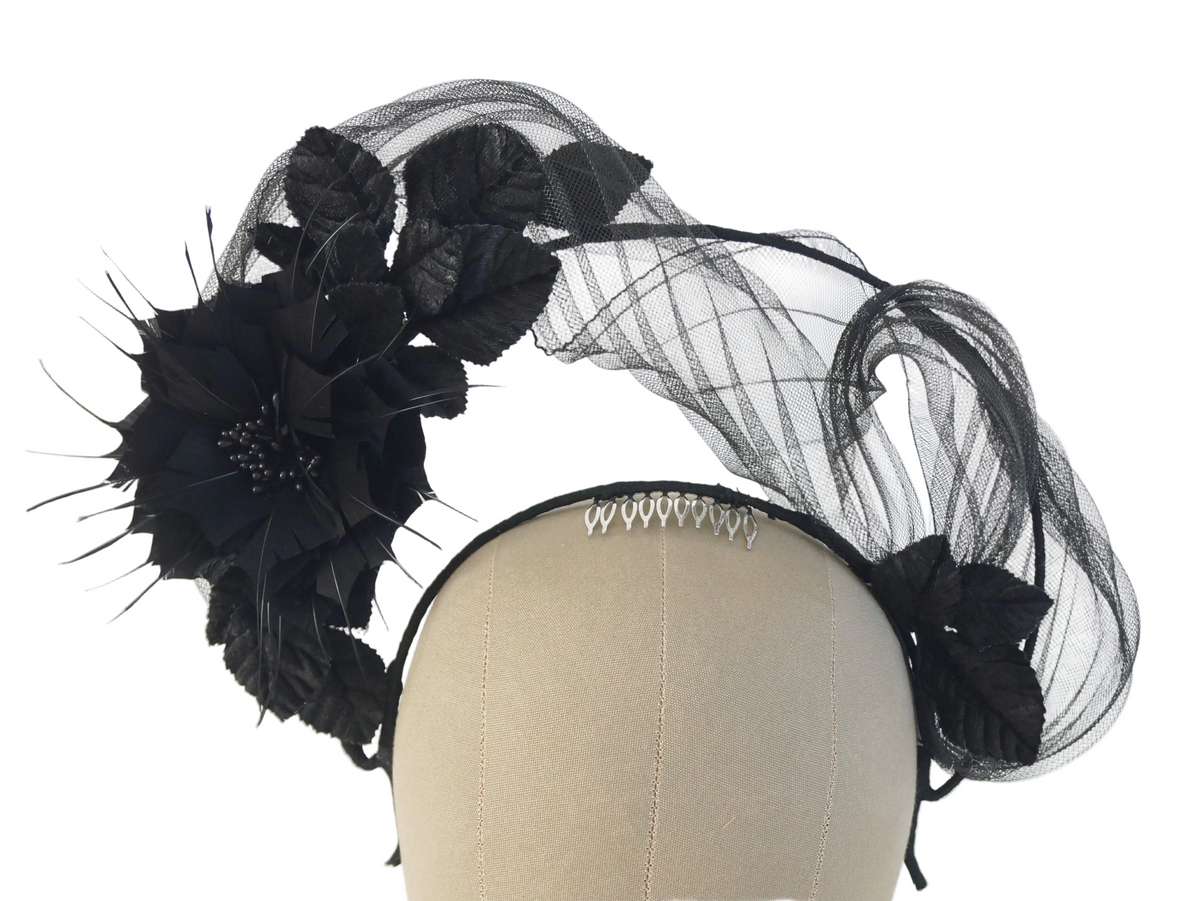 Black Feather Flower & Crinoline Crown