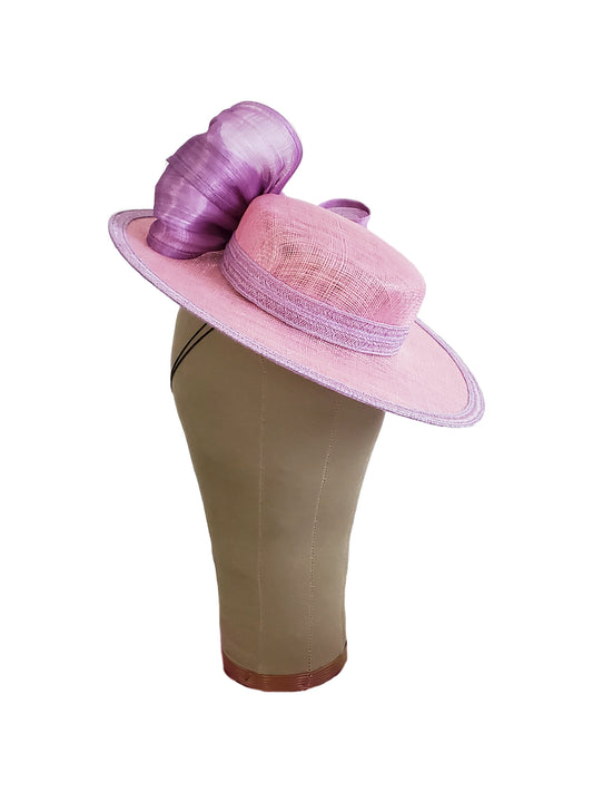 Pink Sinamay Boater Hat with Lavender Bow | Handmade