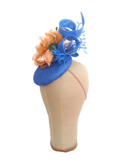 Royal Blue Sinamay Hat with Beige & Brown Magnolia Flowers | One of a Kind