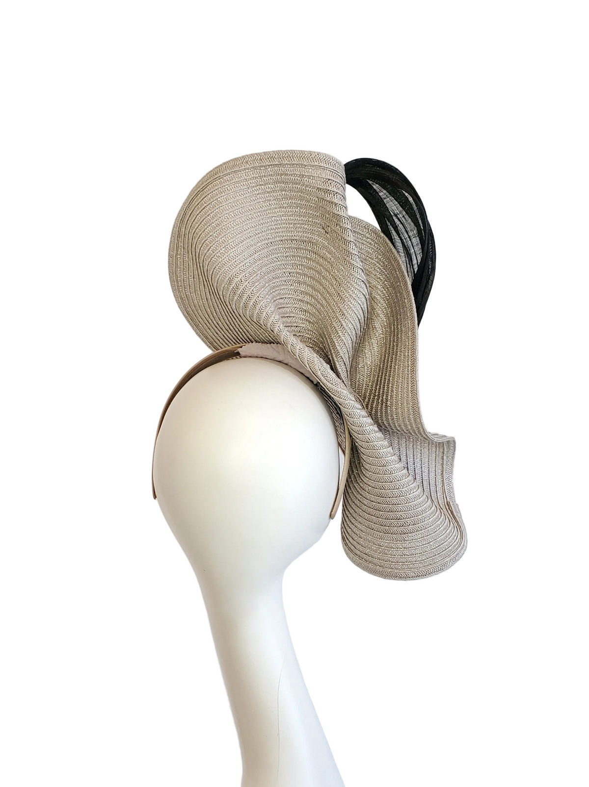 Beige Fascinator Hat with Black Ribbon