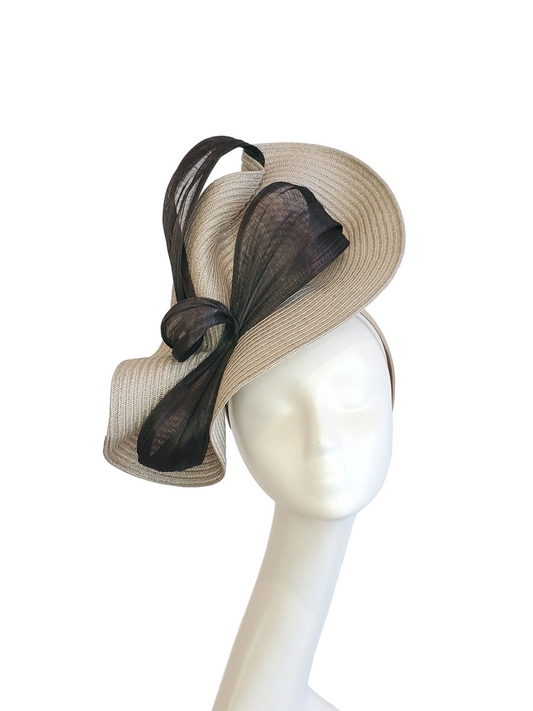 Beige Fascinator Hat with Black Ribbon