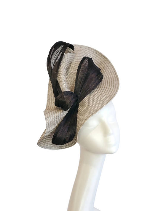 Beige Fascinator Hat with Black Ribbon