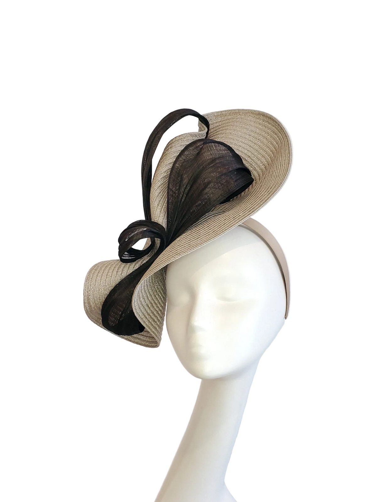 Beige Fascinator Hat with Black Ribbon