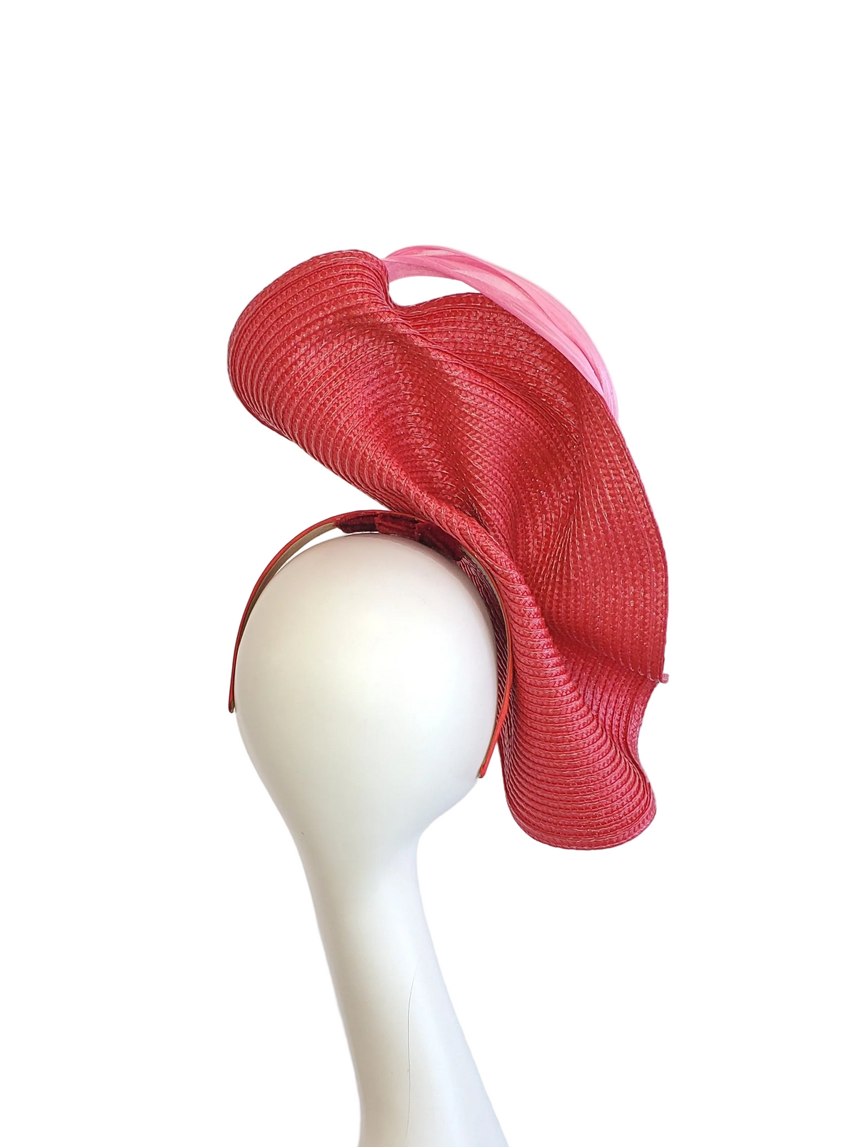 Red Fascinator Hat with Pink Ribbon Decoration
