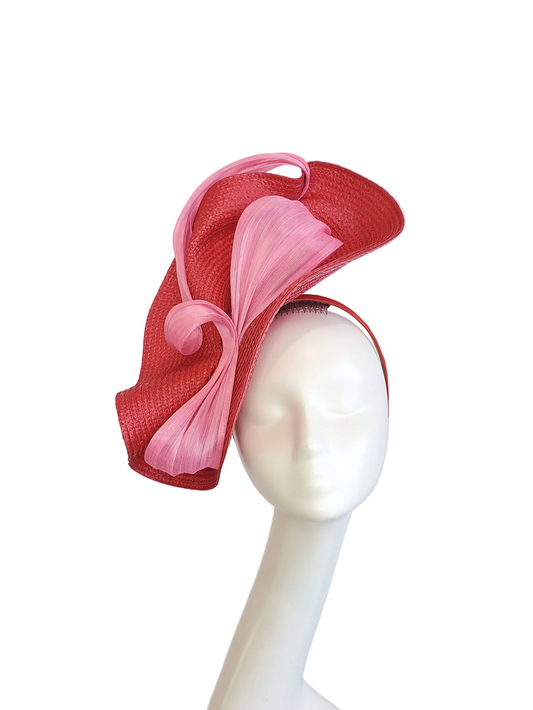 Red Fascinator Hat with Pink Ribbon Decoration