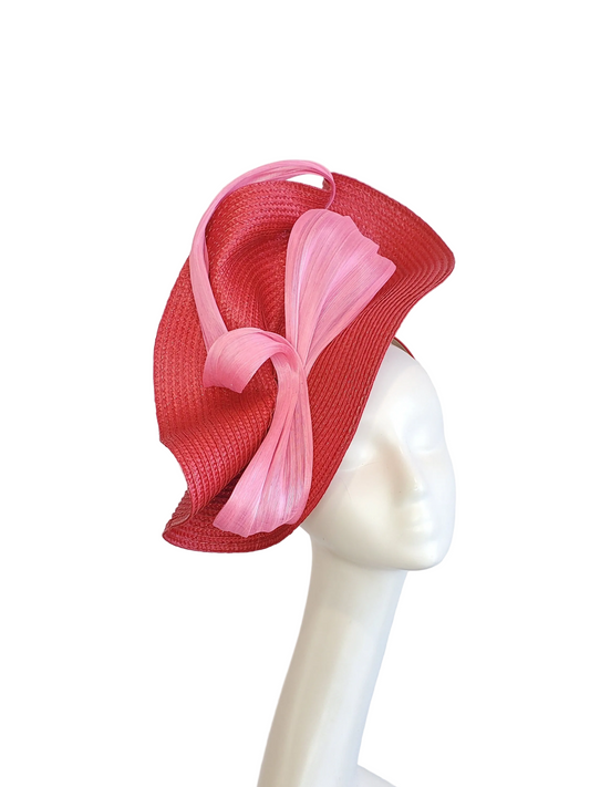 Red Fascinator Hat with Pink Ribbon Decoration