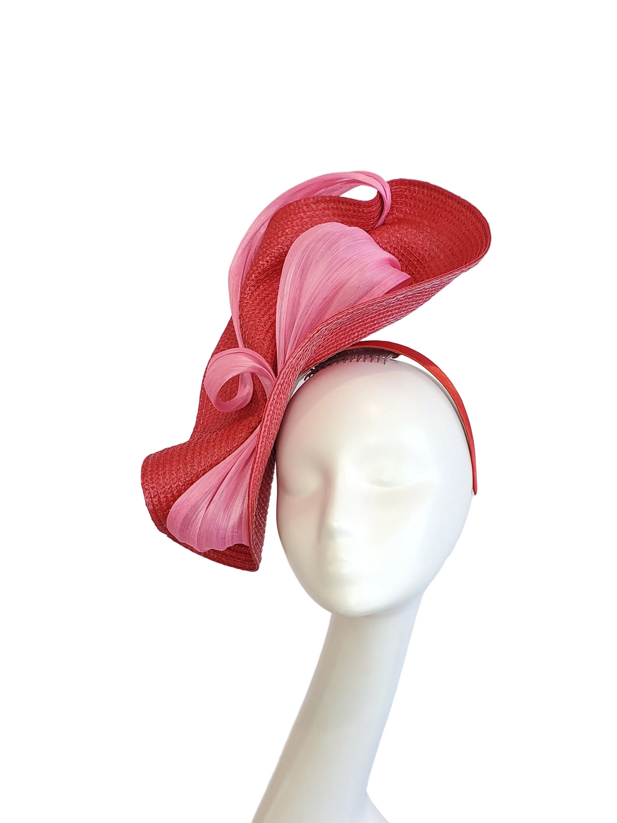 Red Fascinator Hat with Pink Ribbon Decoration