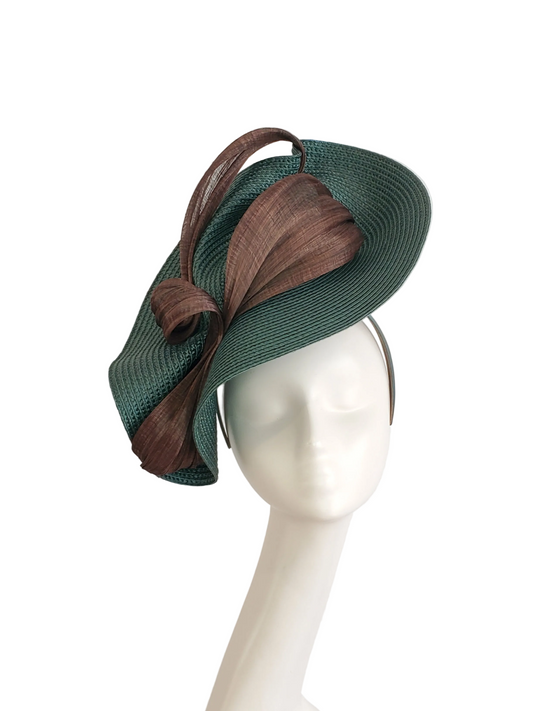 Forest Green Fascinator Hat with Chocolate Brown Ribbon