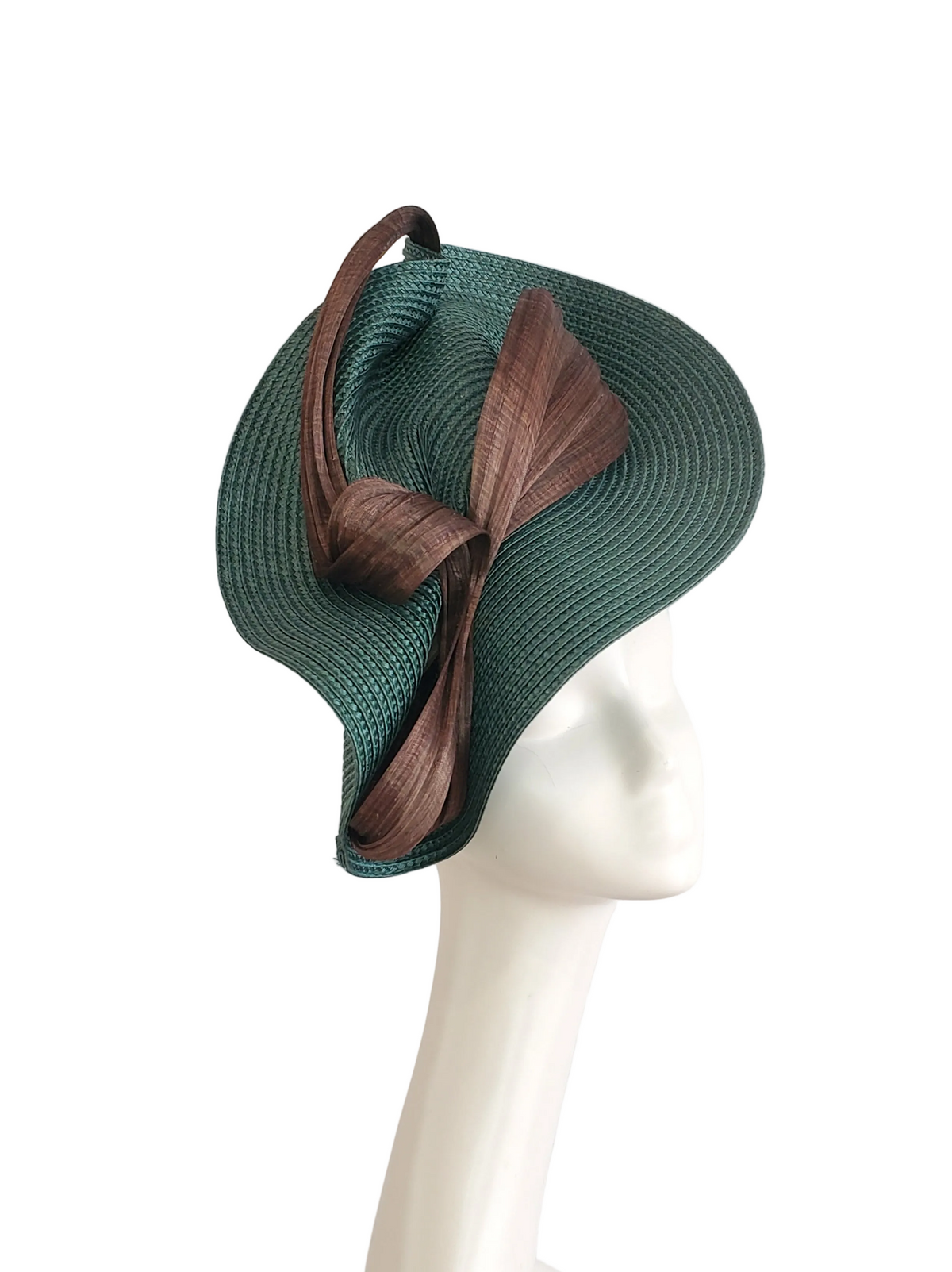 Forest Green Fascinator Hat with Chocolate Brown Ribbon