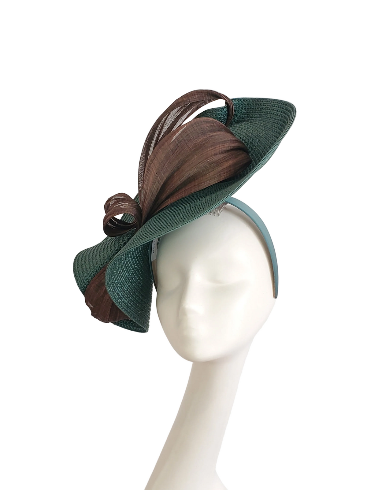 Forest Green Fascinator Hat with Chocolate Brown Ribbon