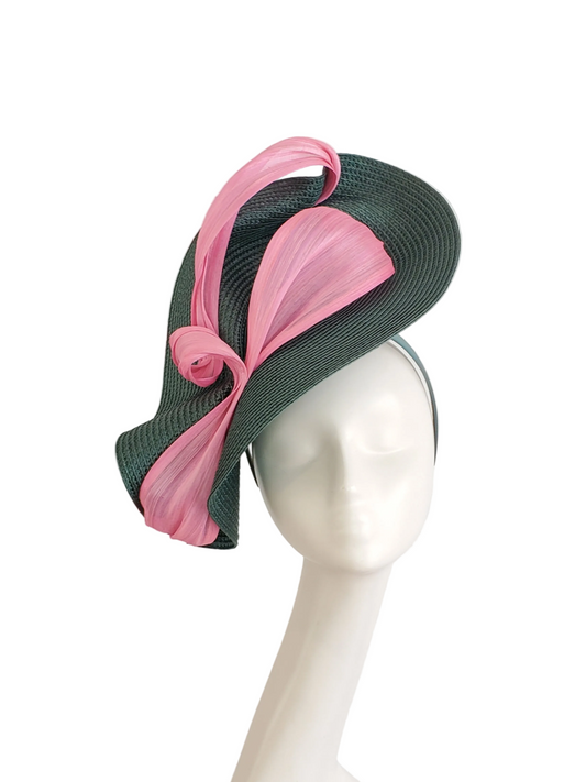 Forest Green Fascinator Hat with Pink Ribbon