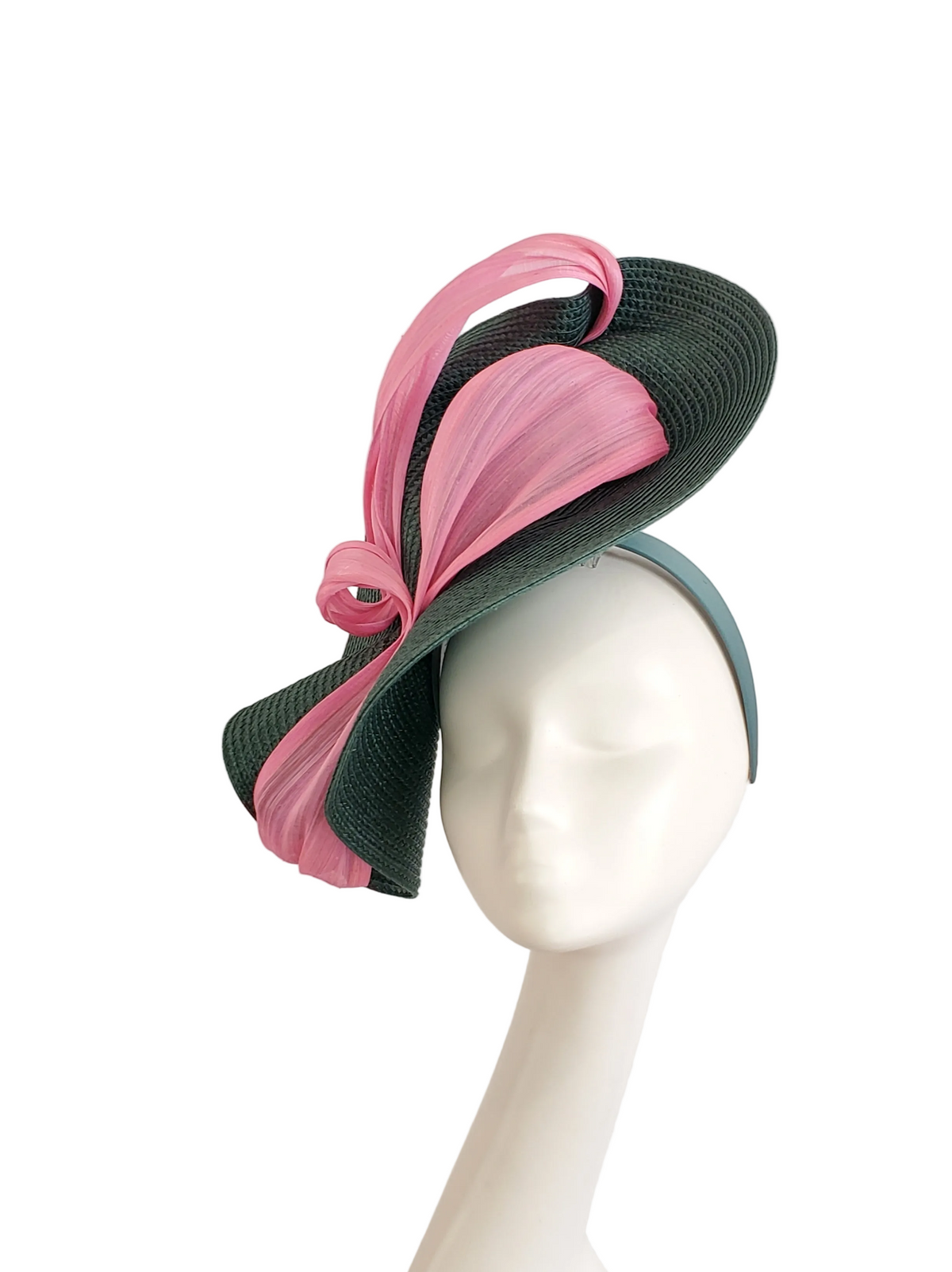 Forest Green Fascinator Hat with Pink Ribbon