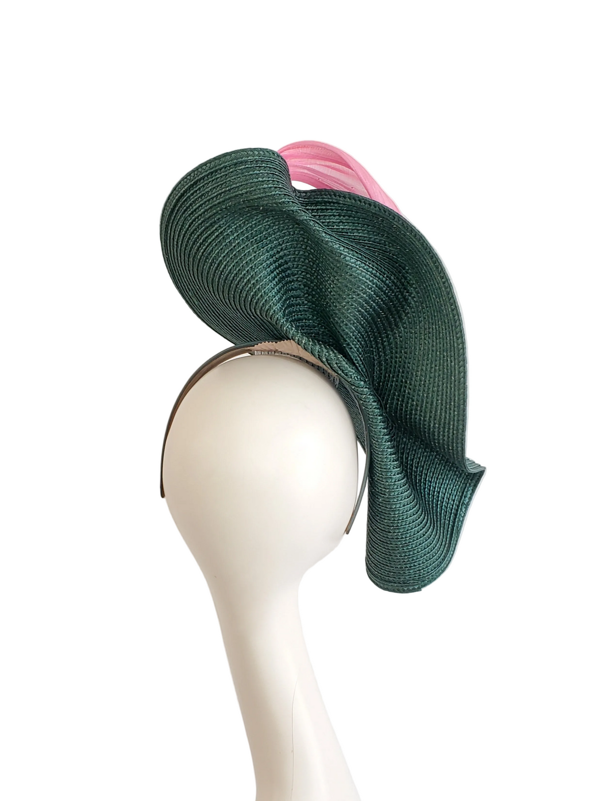 Forest Green Fascinator Hat with Pink Ribbon