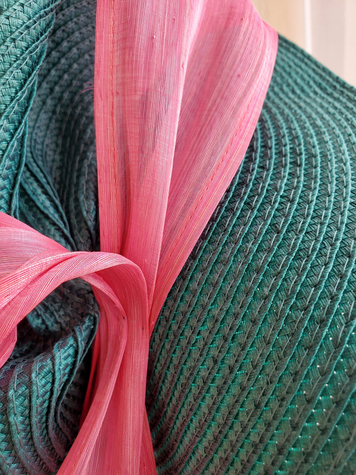 Forest Green Fascinator Hat with Pink Ribbon