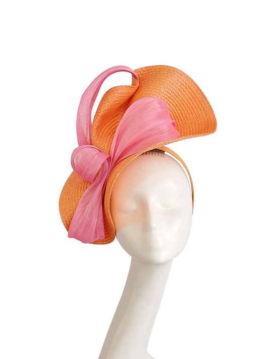 Orange Fascinator Hat with Pink Ribbon