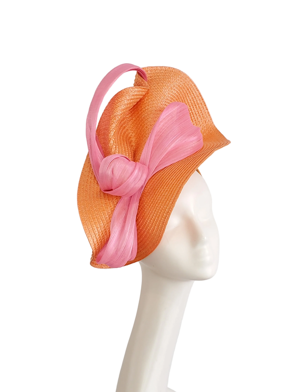 Orange Fascinator Hat with Pink Ribbon