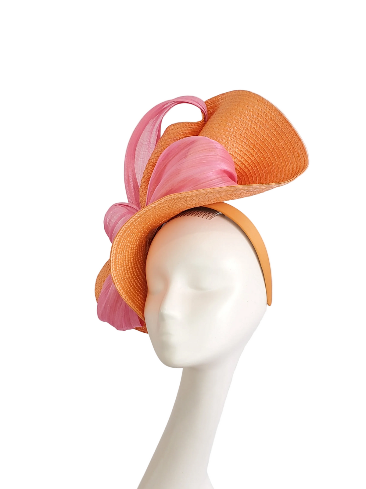Orange Fascinator Hat with Pink Ribbon