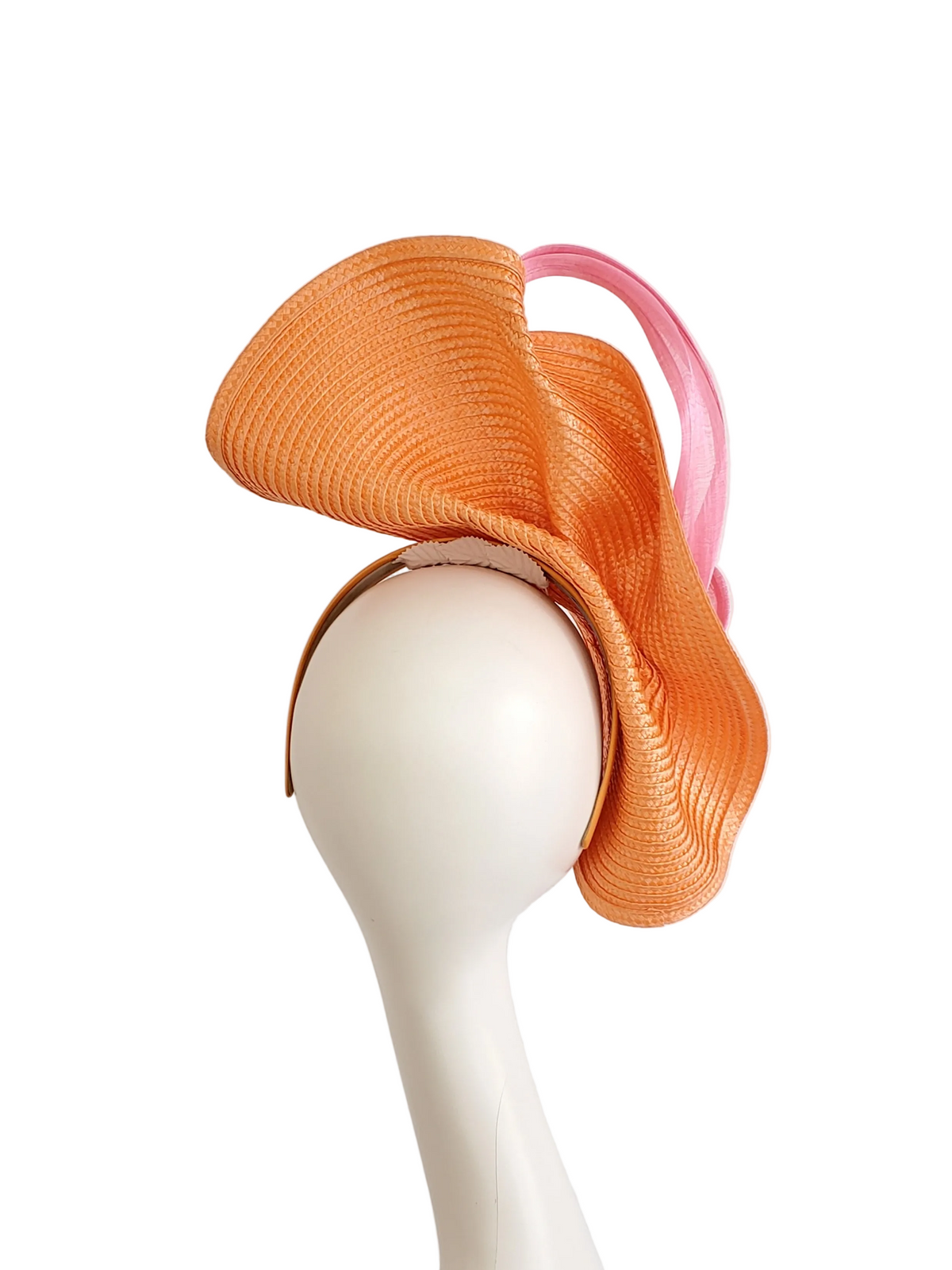 Orange Fascinator Hat with Pink Ribbon