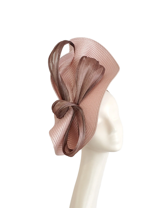 Dusty Pink Fascinator Hat with Brown Ribbon