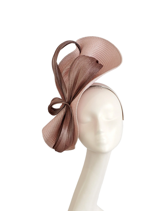 Dusty Pink Fascinator Hat with Brown Ribbon