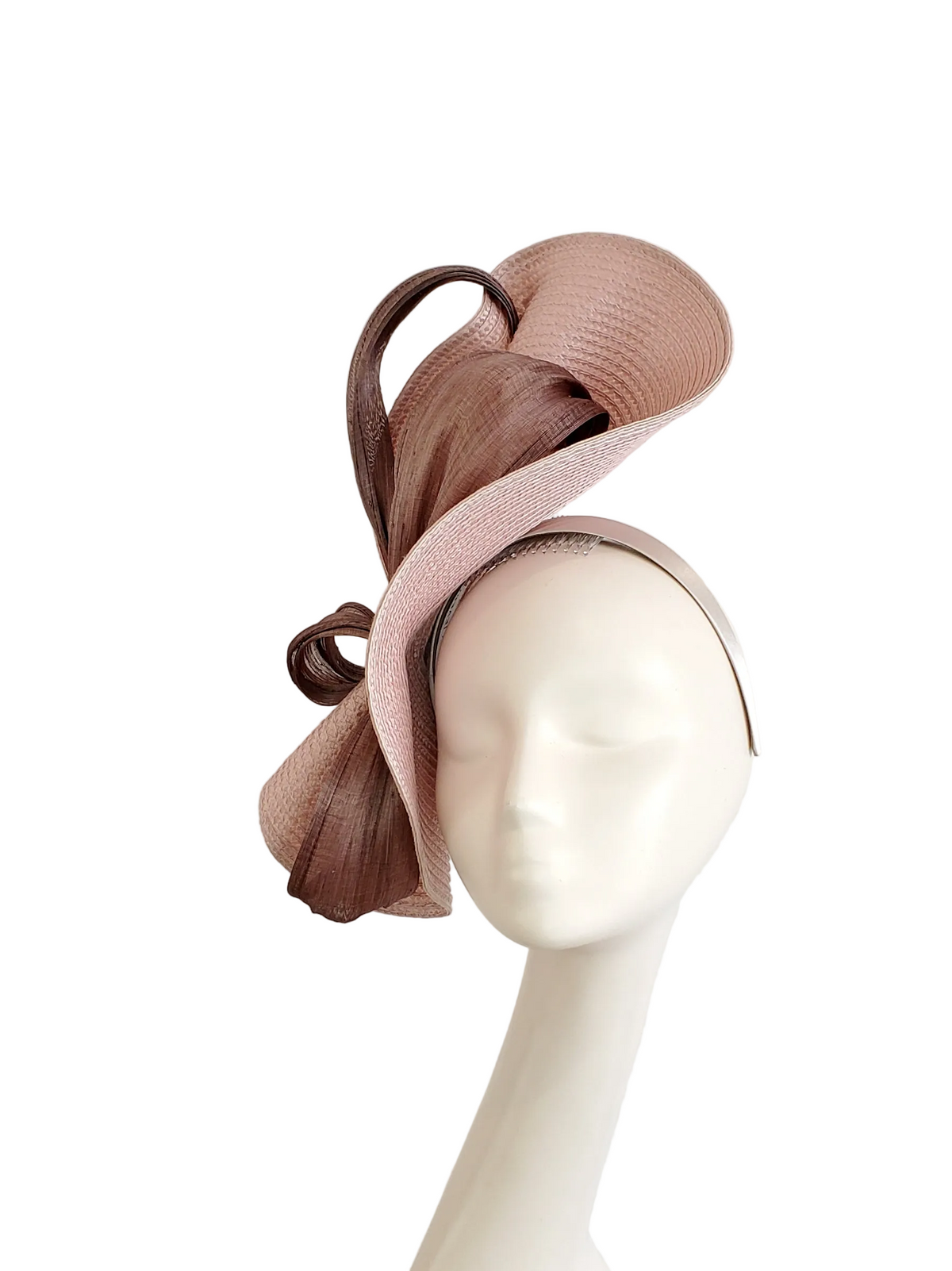 Dusty Pink Fascinator Hat with Brown Ribbon