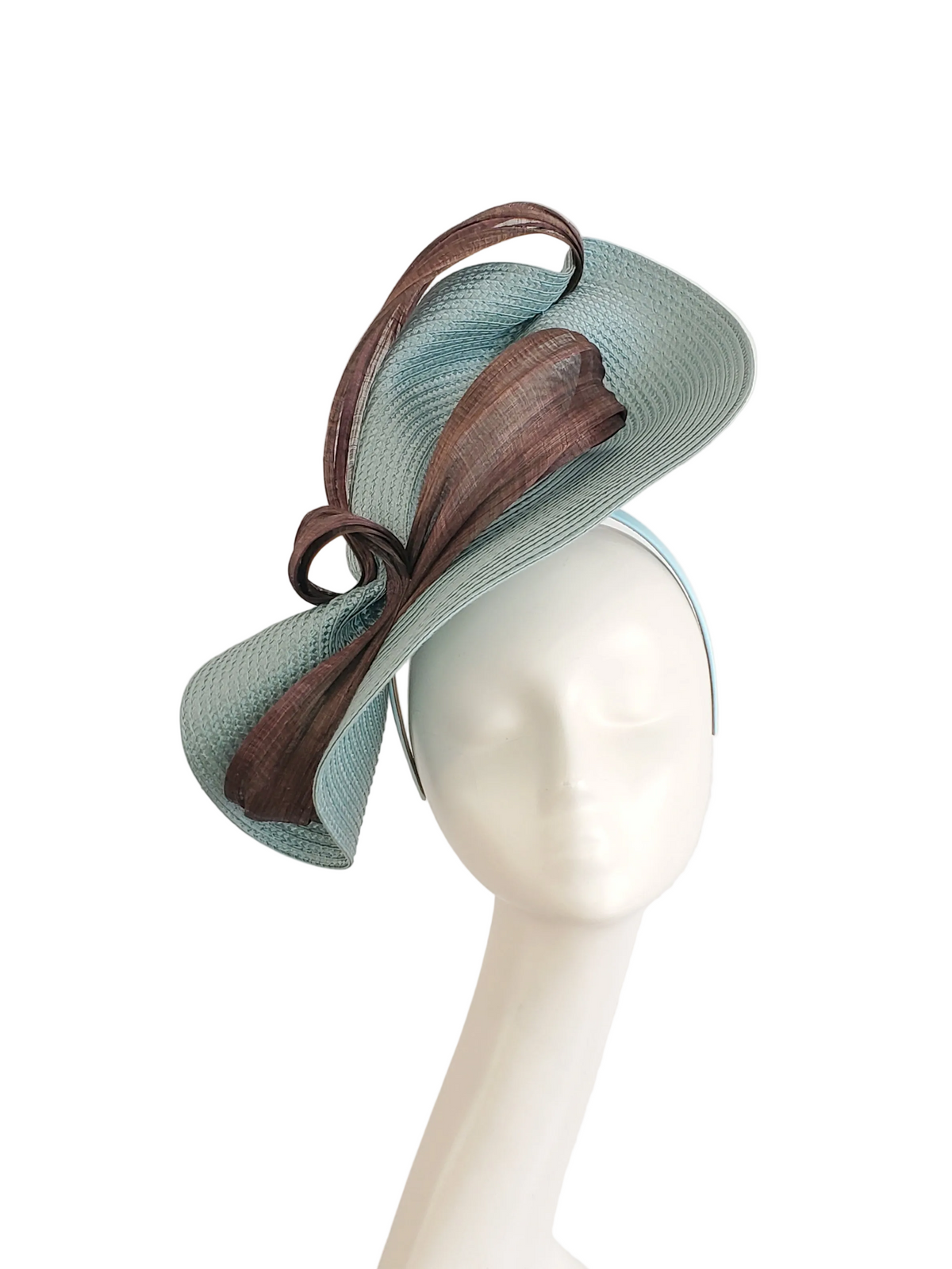 Dusty Blue Fascinator Hat with Brown Ribbon Decoration