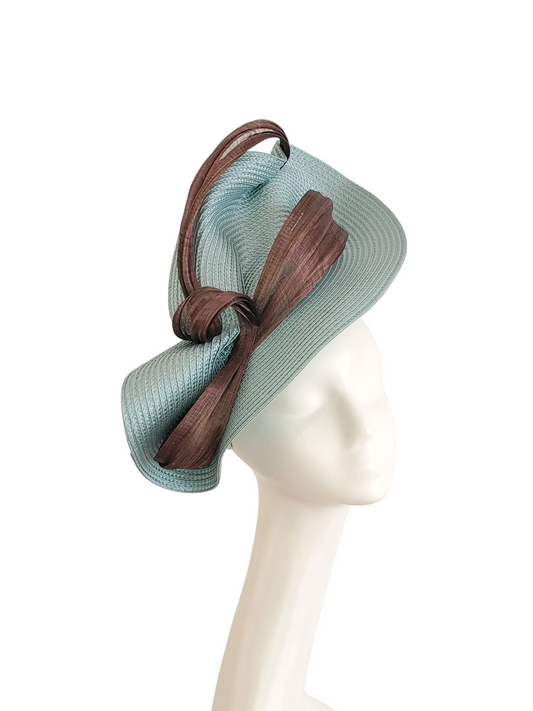 Dusty Blue Fascinator Hat with Brown Ribbon Decoration