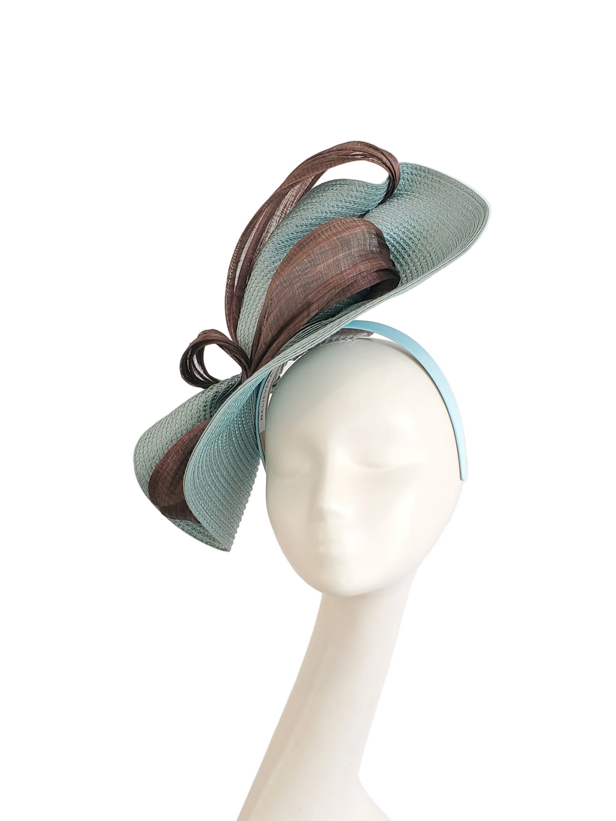 Dusty Blue Fascinator Hat with Brown Ribbon Decoration