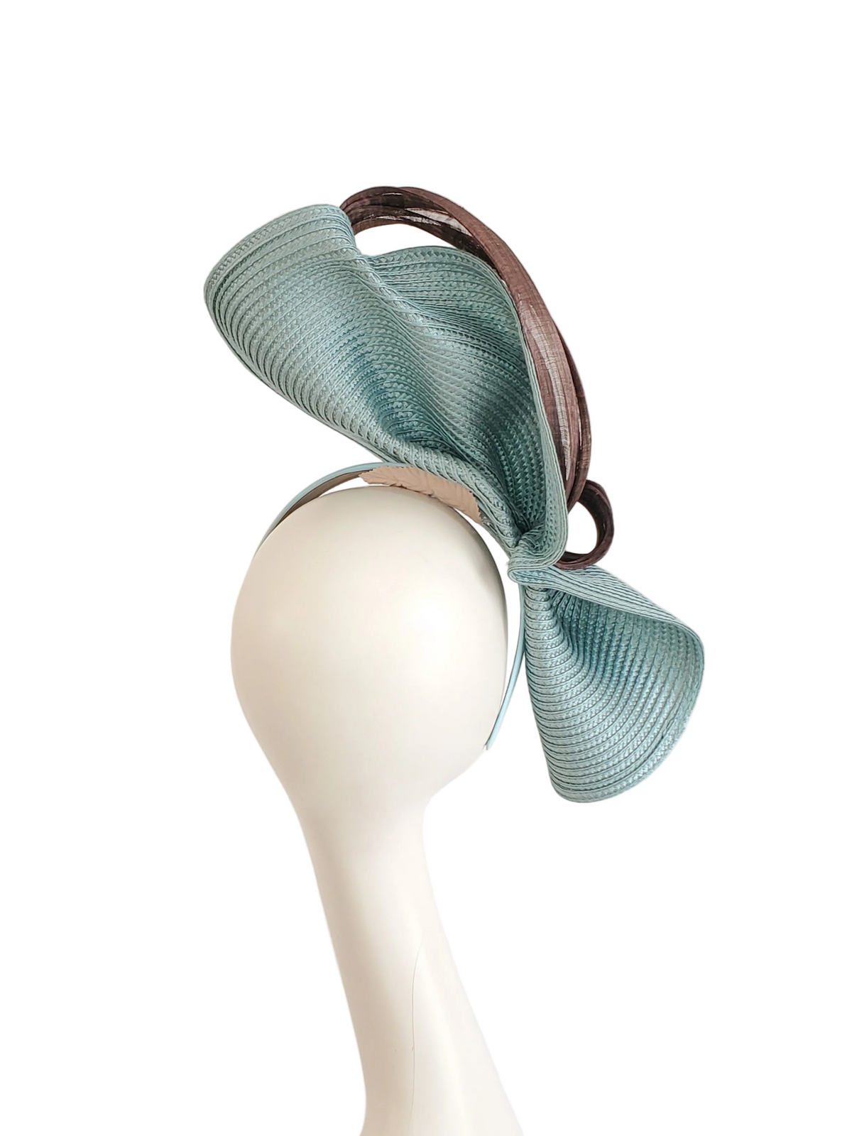 Dusty Blue Fascinator Hat with Brown Ribbon Decoration