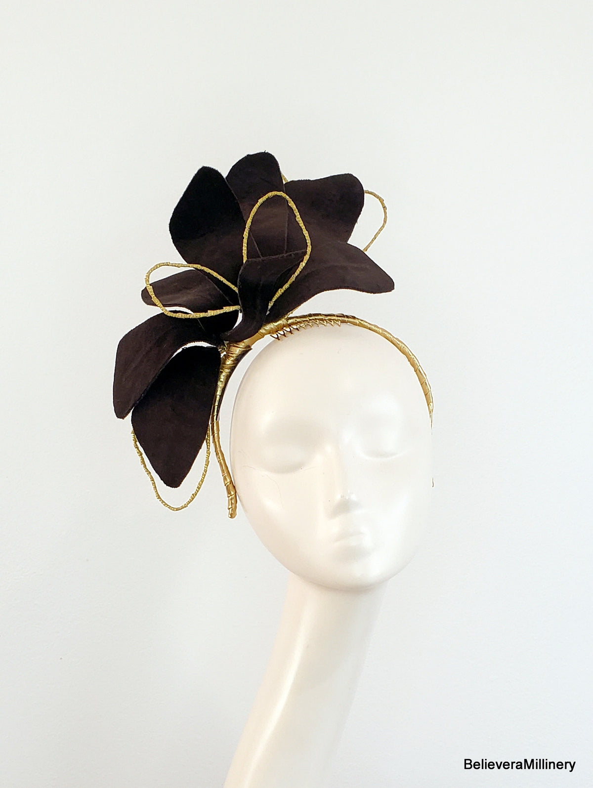 Brown Velvet Flower Fascinator Headband with Gold Accents