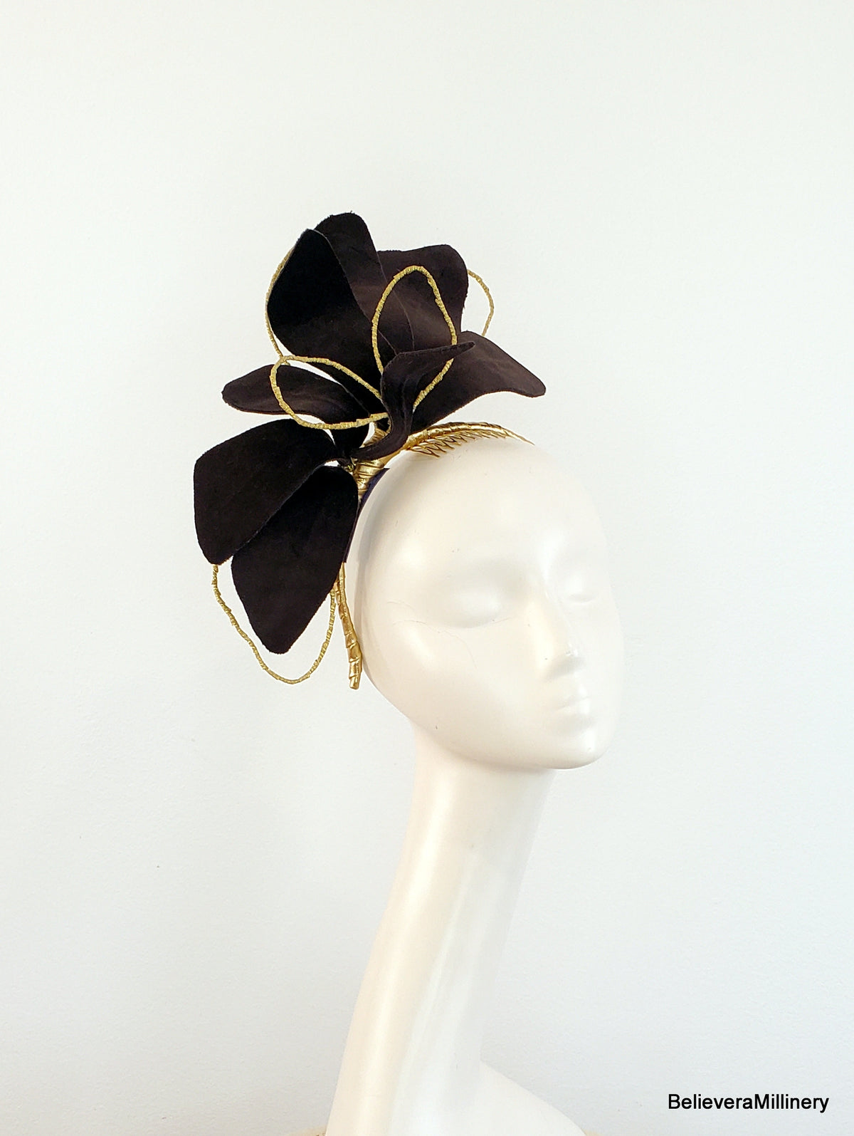 Brown Velvet Flower Fascinator Headband with Gold Accents