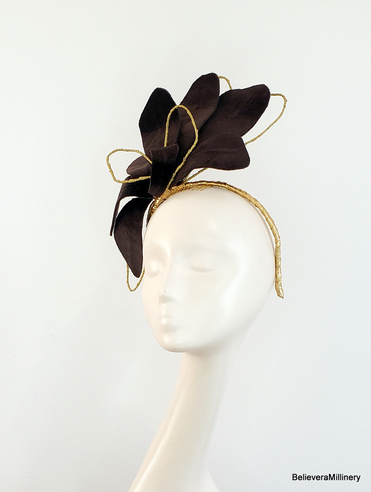 Brown Velvet Flower Fascinator Headband with Gold Accents
