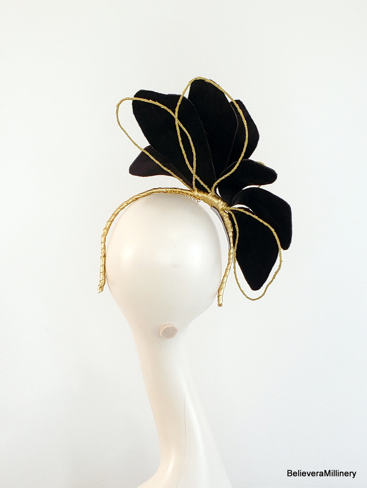 Brown Velvet Flower Fascinator Headband with Gold Accents