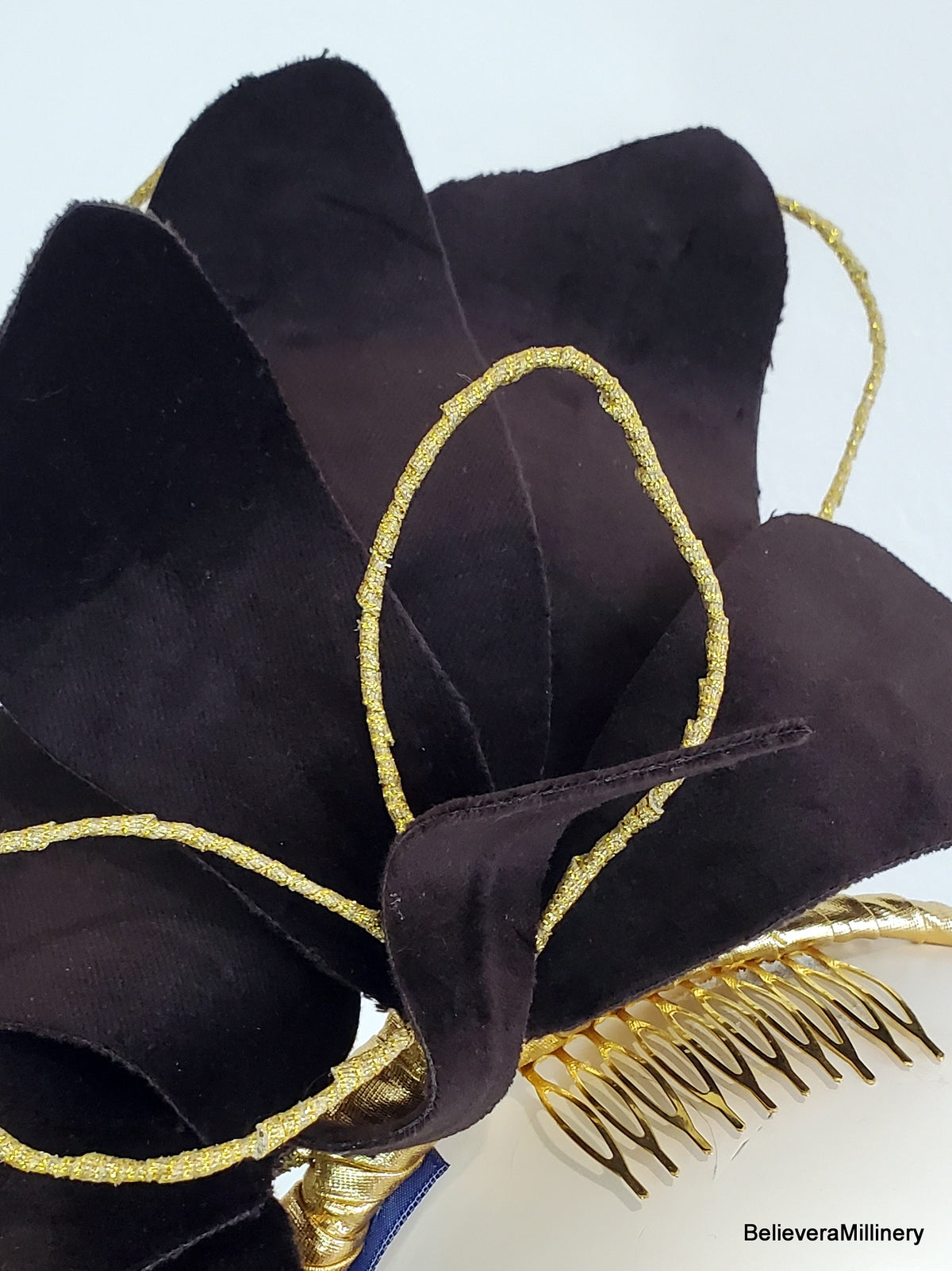 Brown Velvet Flower Fascinator Headband with Gold Accents