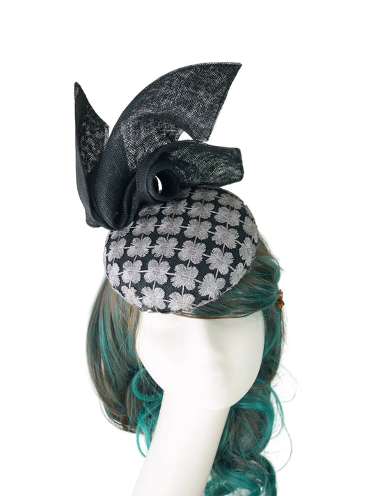 Black Silver Lace Hat: Sinamay Wedding Guest Headpiece