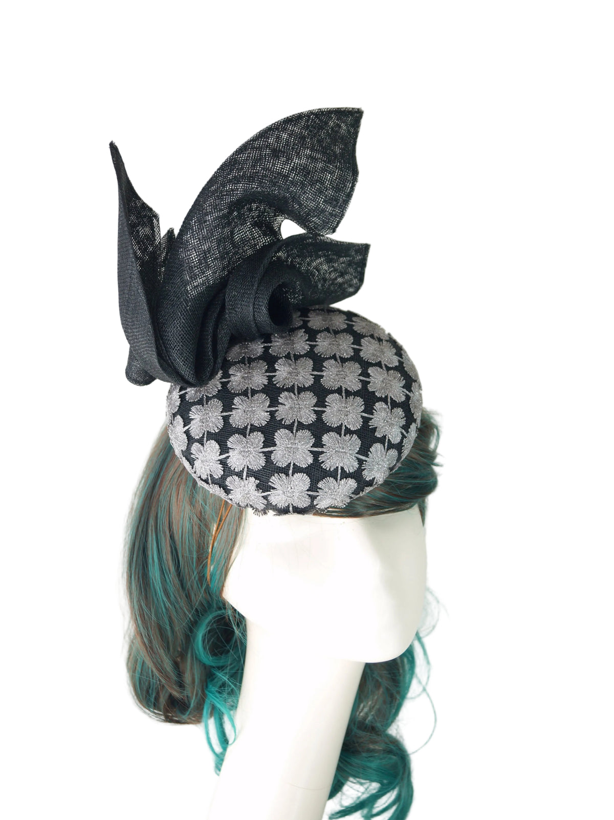 Black Silver Lace Hat: Sinamay Wedding Guest Headpiece