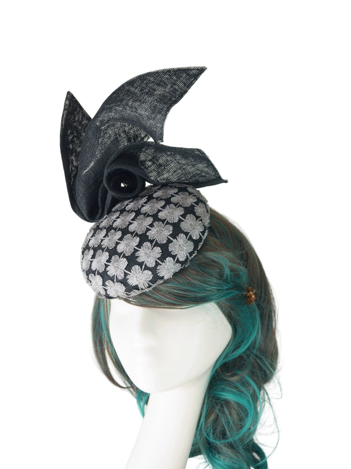 Black Silver Lace Hat: Sinamay Wedding Guest Headpiece
