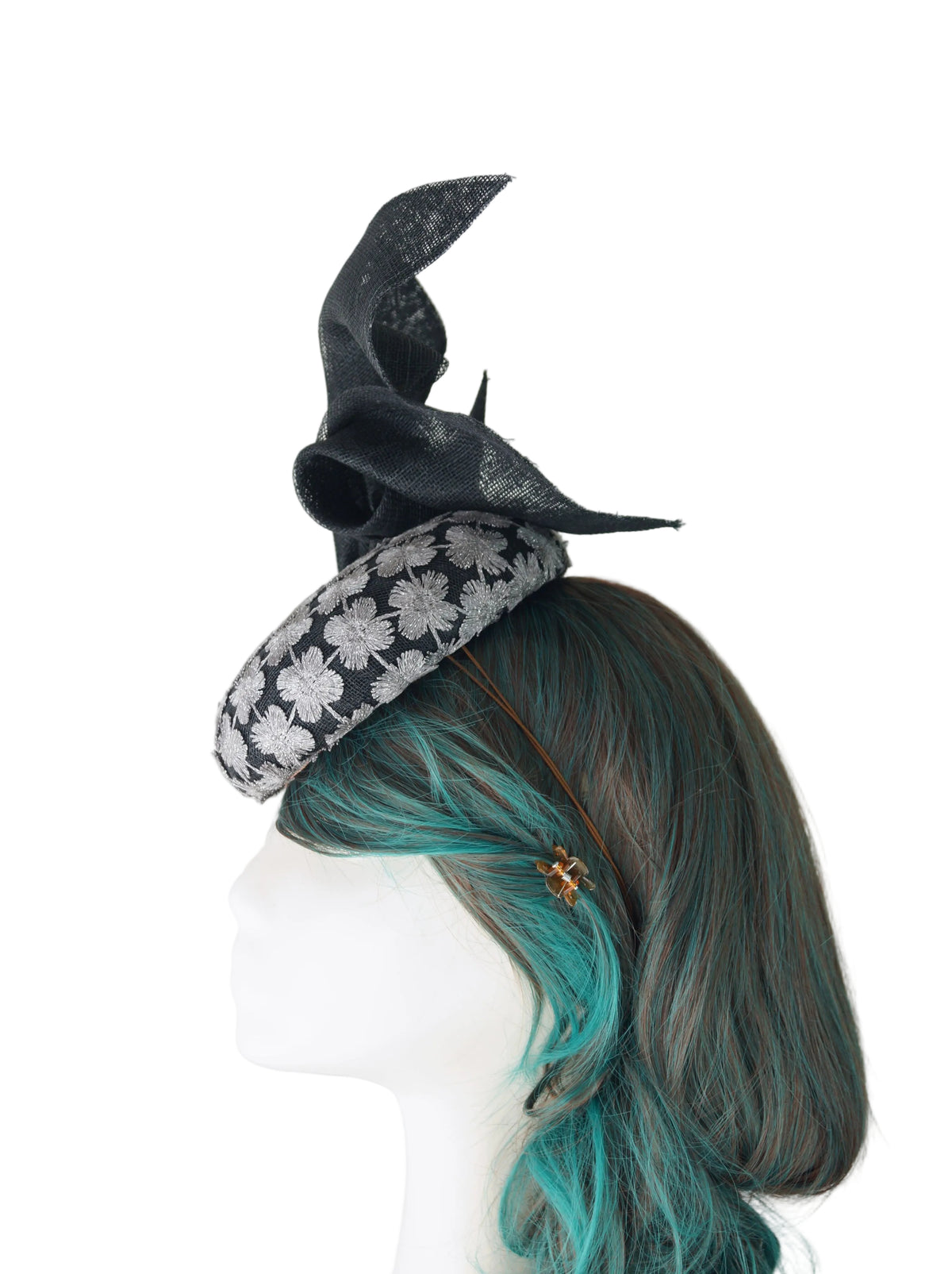 Black Silver Lace Hat: Sinamay Wedding Guest Headpiece