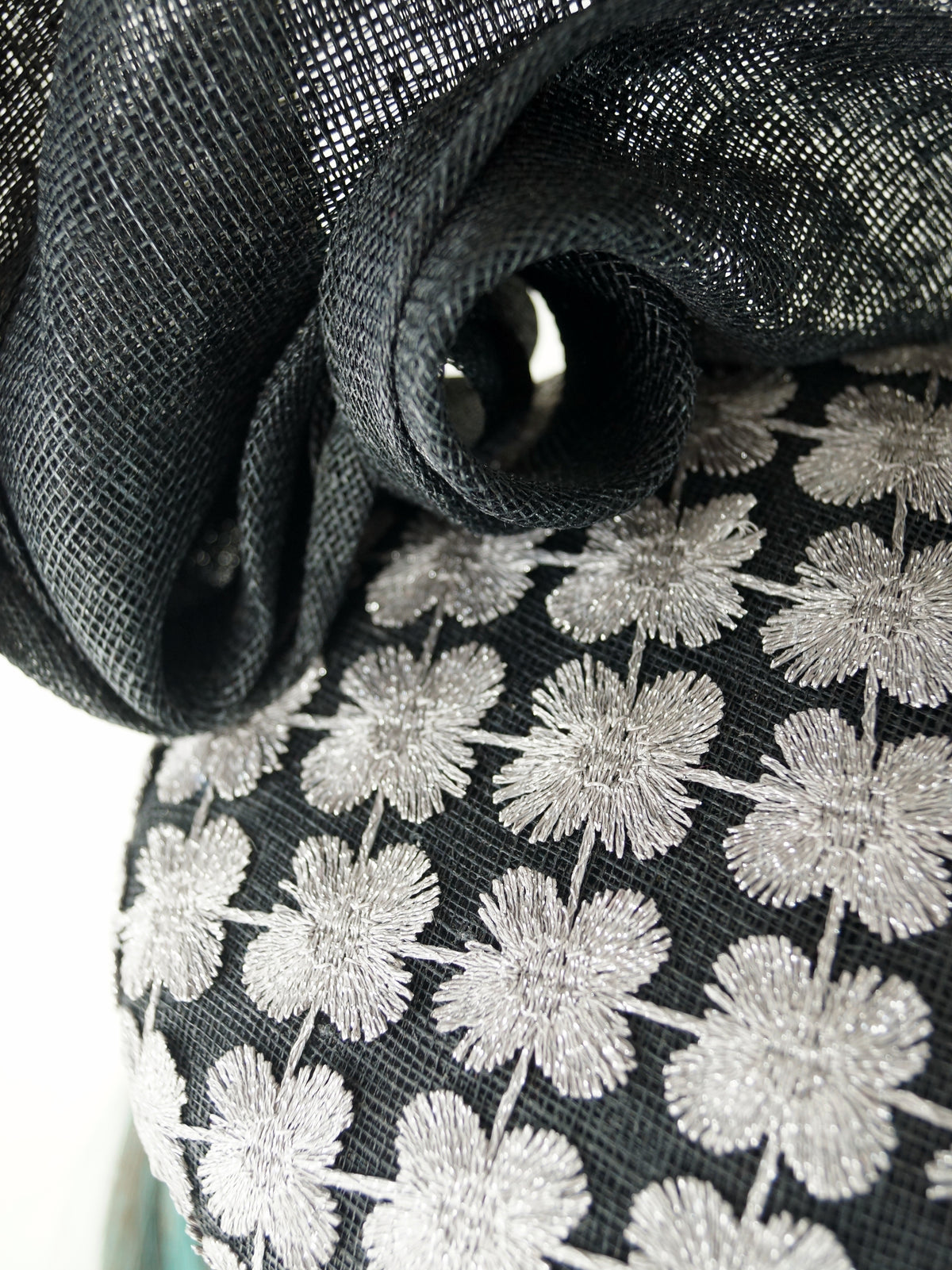 Black Silver Lace Hat: Sinamay Wedding Guest Headpiece