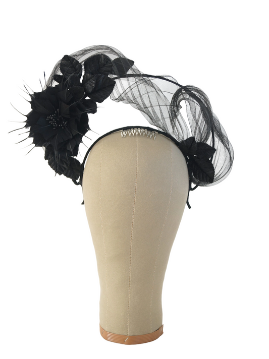 Black Feather Flower & Crinoline Crown