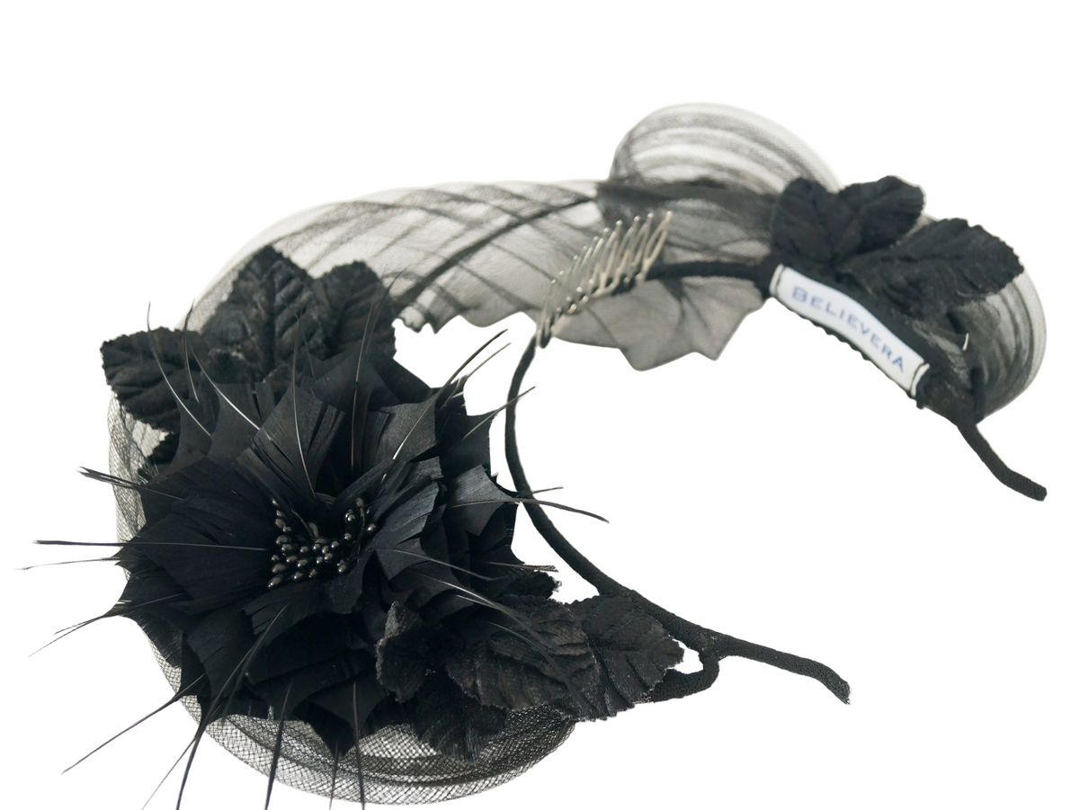 Black Feather Flower & Crinoline Crown