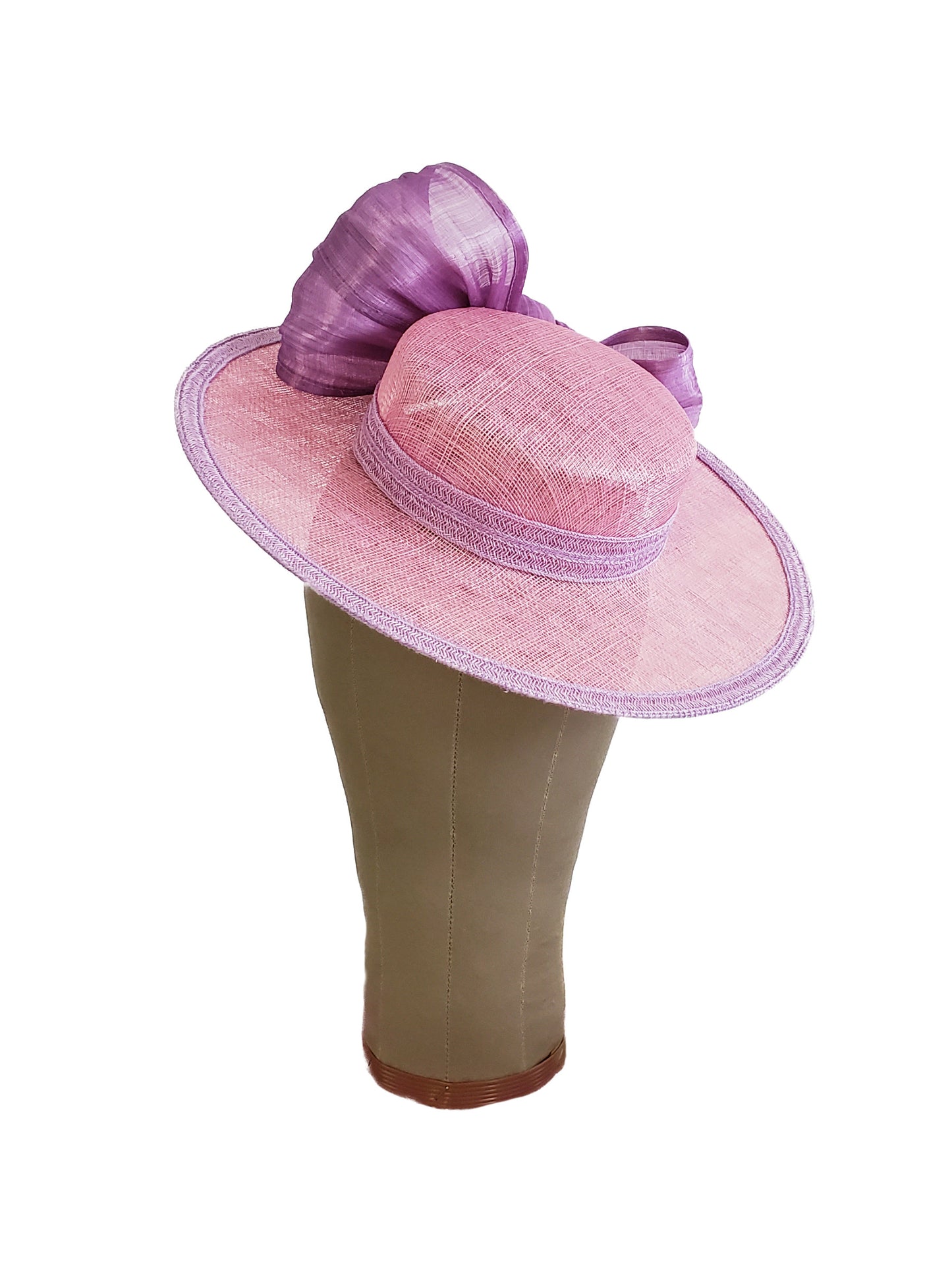 Pink Sinamay Boater Hat with Lavender Bow | Handmade