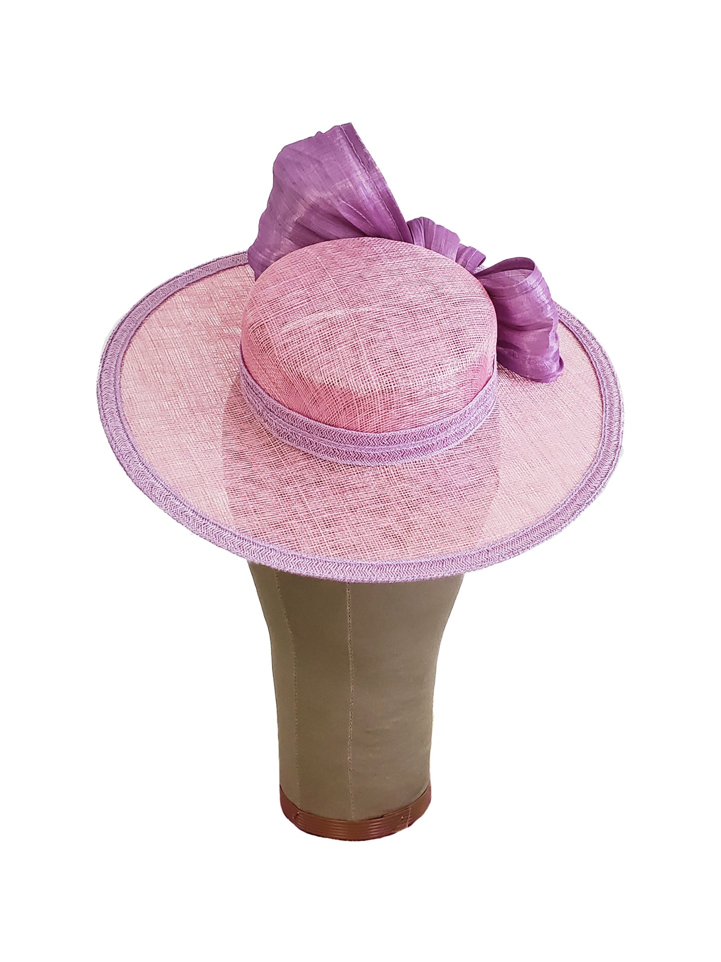 Pink Sinamay Boater Hat with Lavender Bow | Handmade