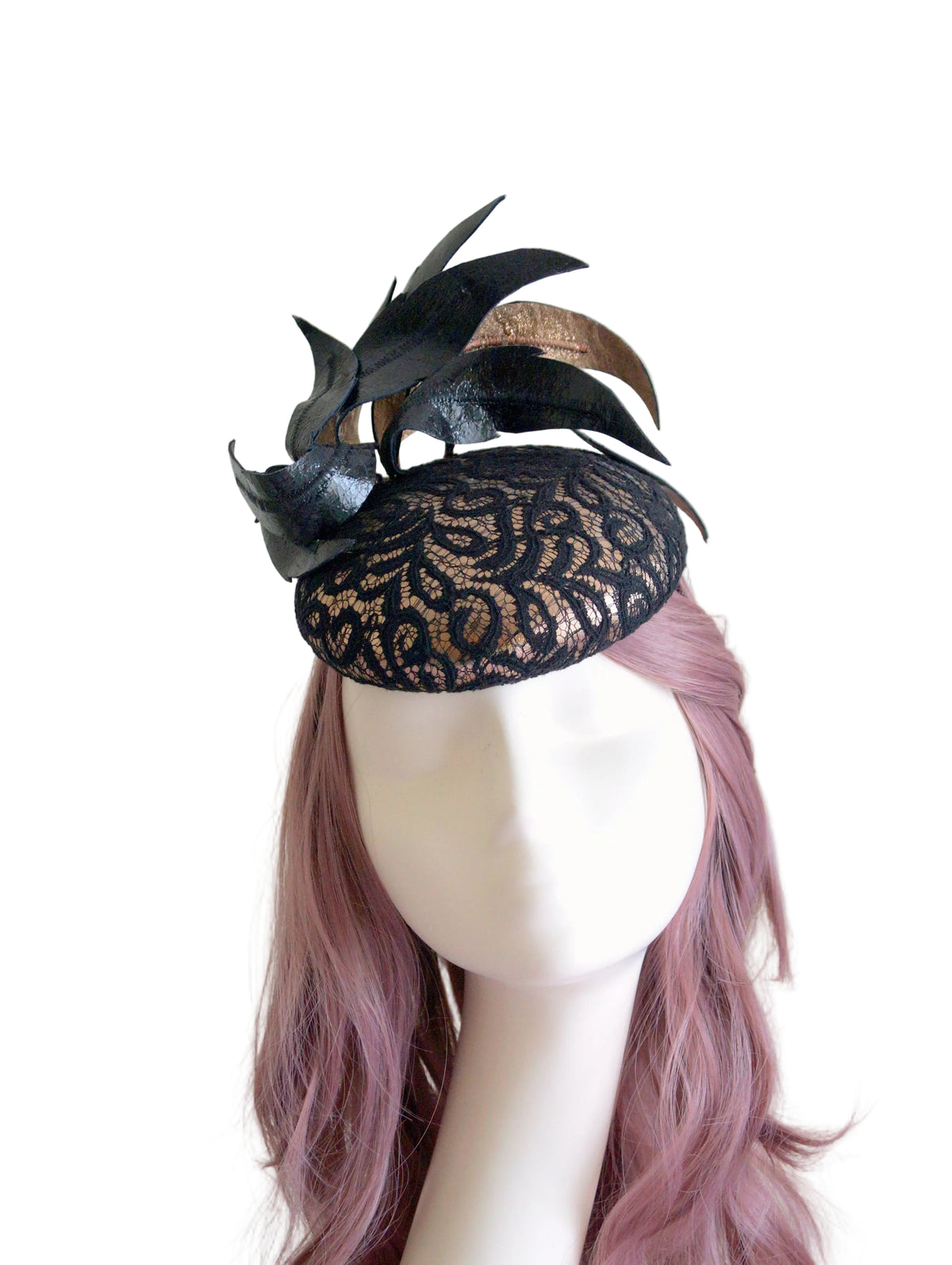 Rose Gold & Black Lace Leather Fascinator